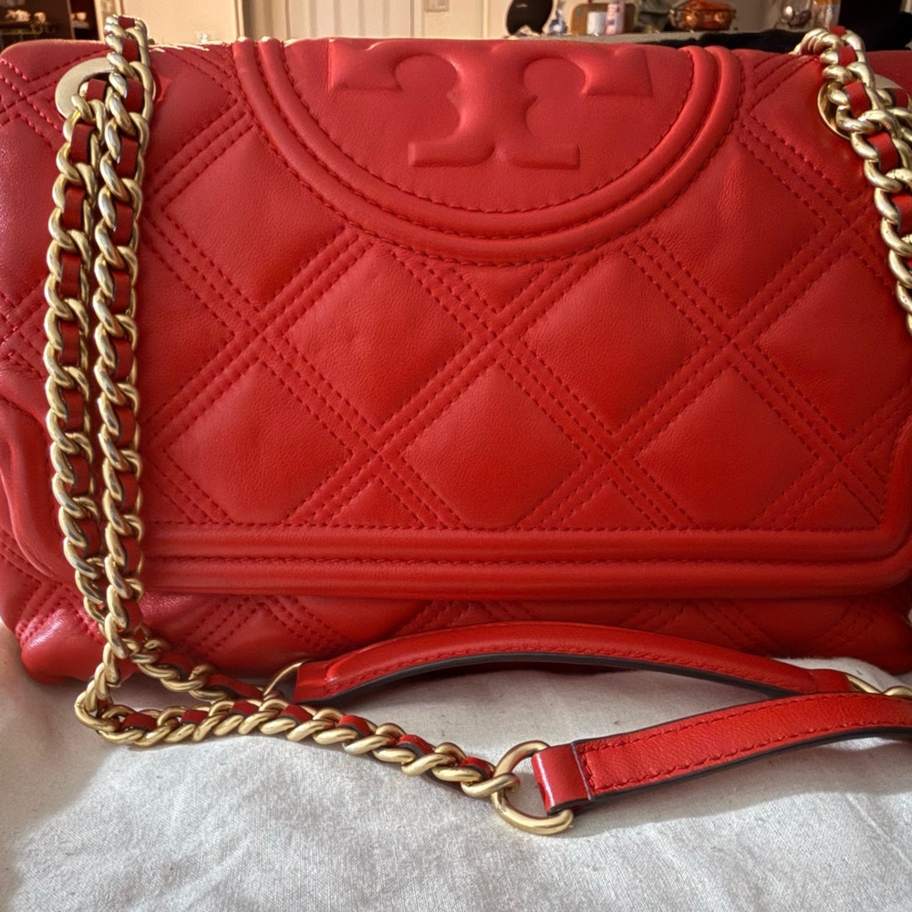 Tory Burch Red Quilted Shoulder Bag with Gold Chain